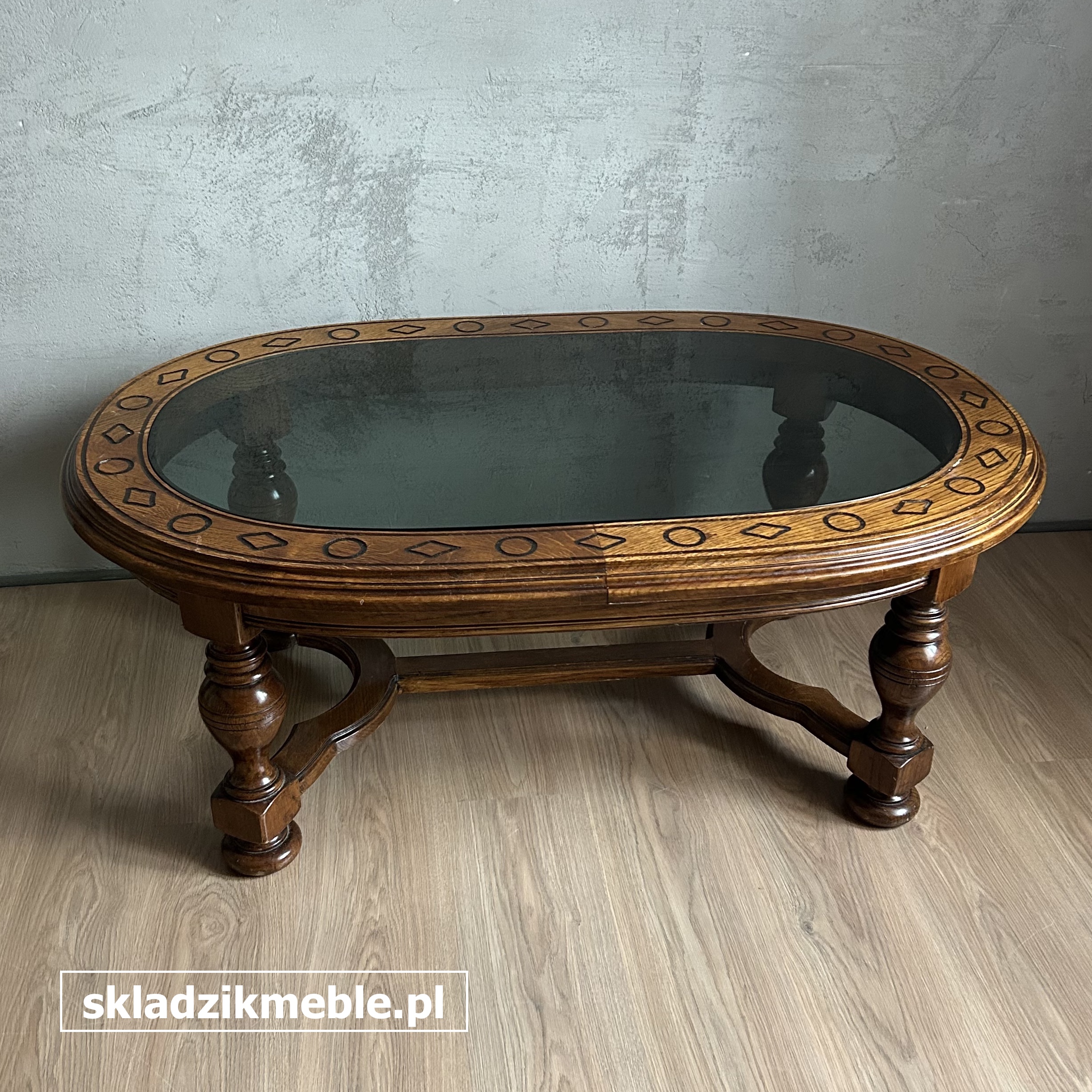 281025 OWALNA ŁAWA DĘBOWA ZE SZKLANYM BLATEM - obrazek 3