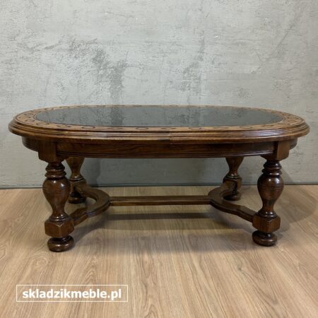 281025 OWALNA ŁAWA DĘBOWA ZE SZKLANYM BLATEM