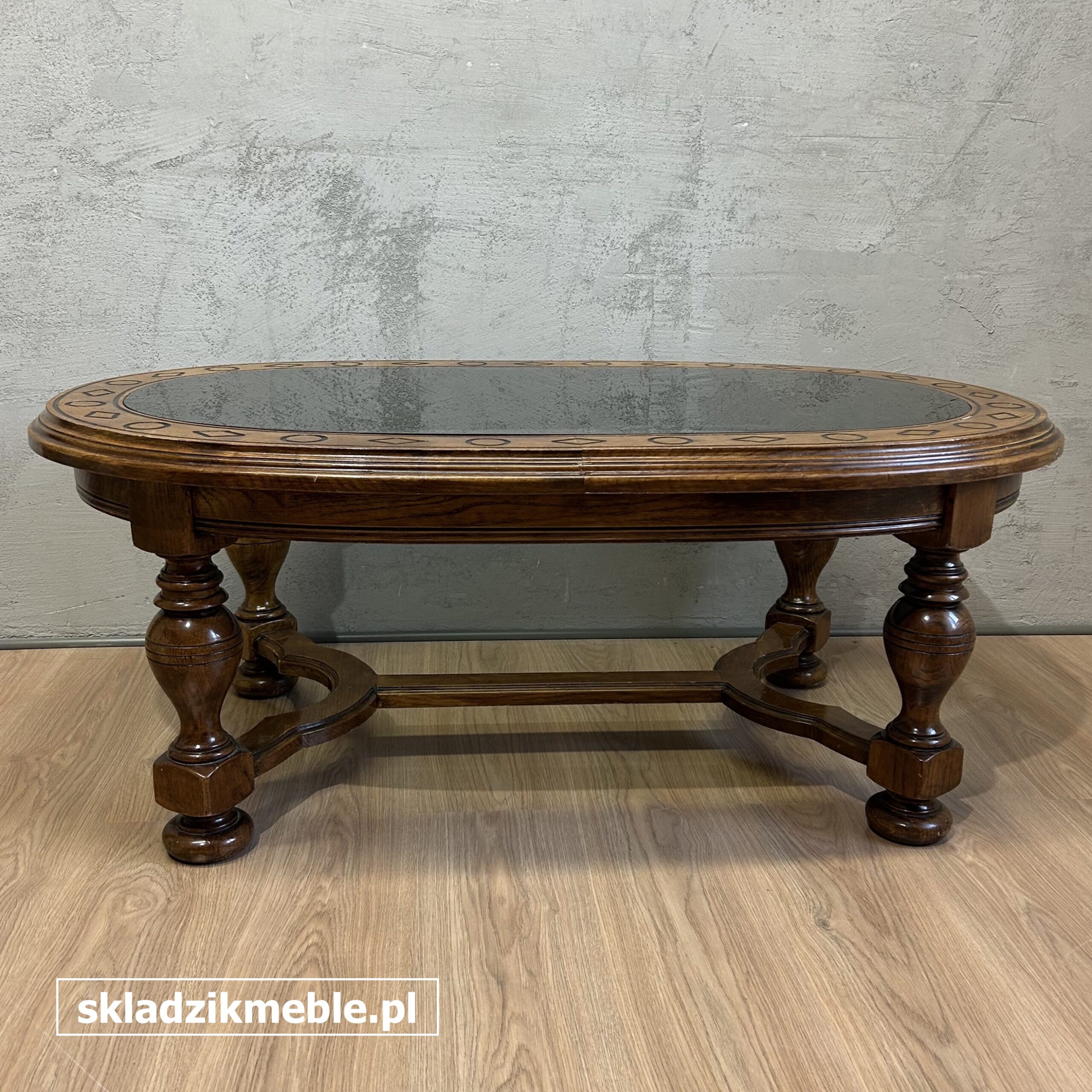 281025 OWALNA ŁAWA DĘBOWA ZE SZKLANYM BLATEM