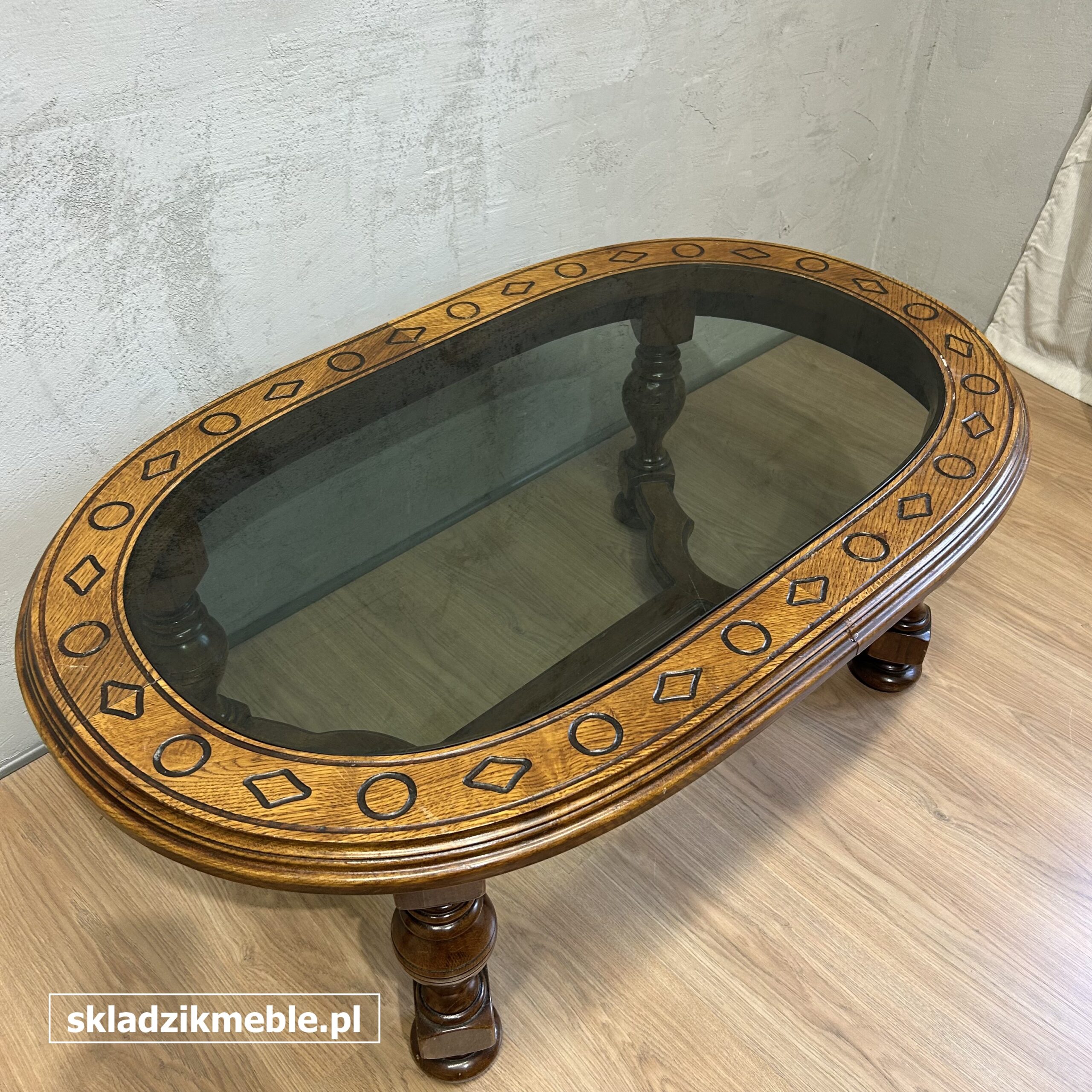 281025 OWALNA ŁAWA DĘBOWA ZE SZKLANYM BLATEM - obrazek 2