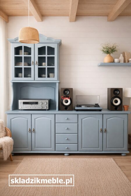 010226 KREDENS Z NADSTAWKĄ, BUFET, KOMODA RTV W KOLORZE SZARONIEBIESKIM